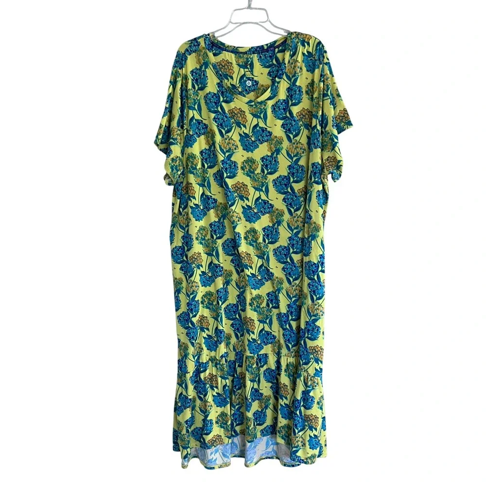 Lug Swing Dress Womens 3X Yellow Blue Floral Tiered Ruffle Hem Pockets Recycled - Picture 1 of 10